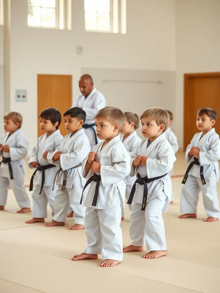 A group of children in judo uniforms practicing basic stances under the guidance of an instructor at Judo Club SIME.