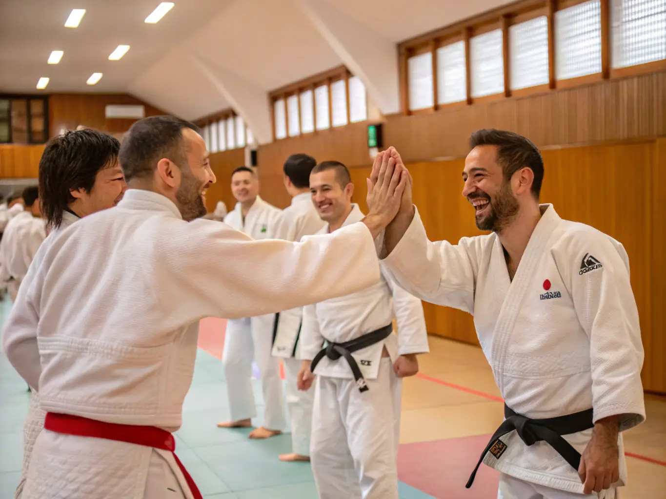 A group photo of Judo Club SIME members and instructors smiling and celebrating a successful training session, emphasizing the camaraderie and support within the club.