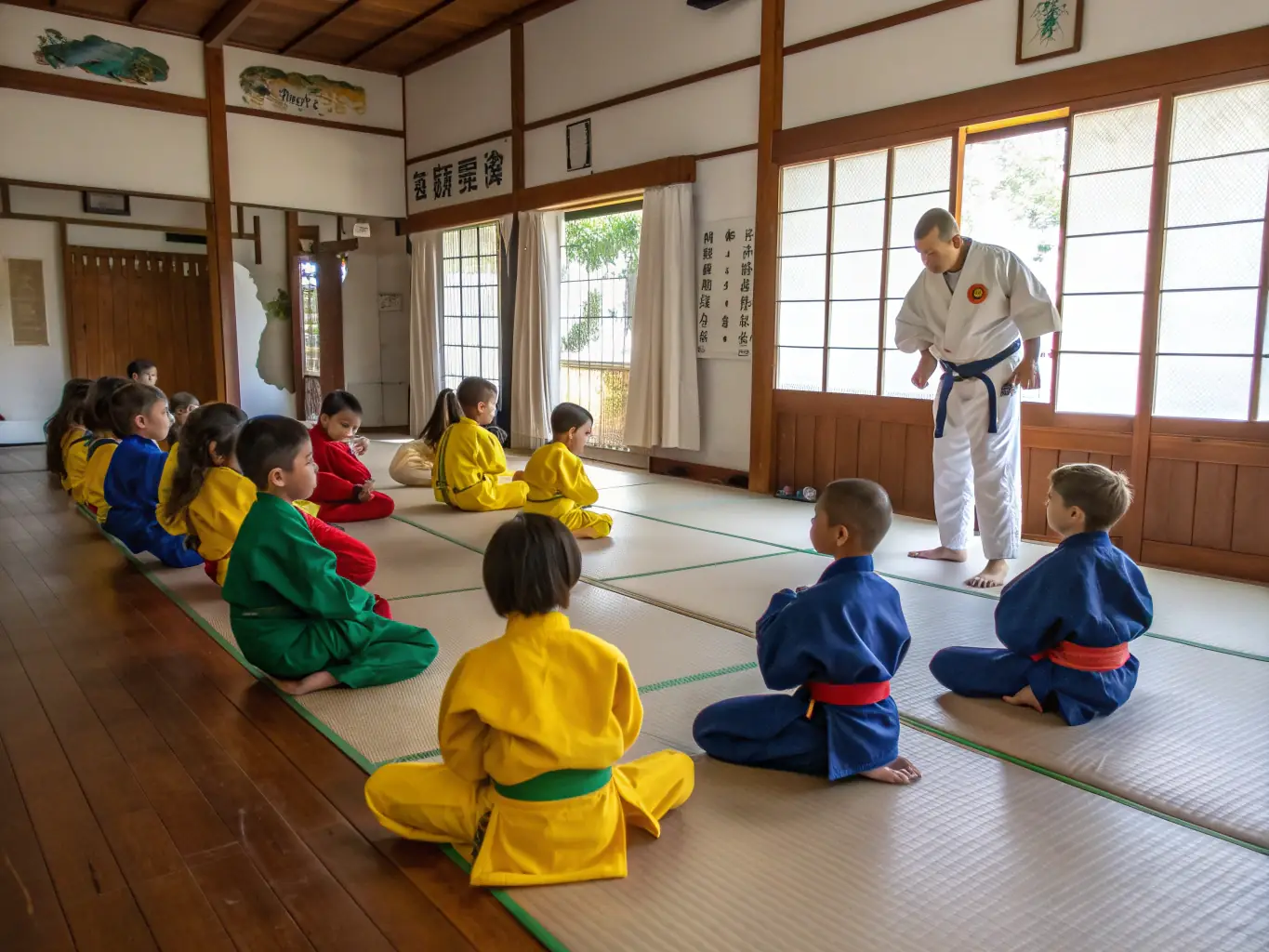 A group of young children in judo uniforms practicing basic stances under the guidance of an instructor at JUDO CLUB SIME, showcasing the beginner's program.
