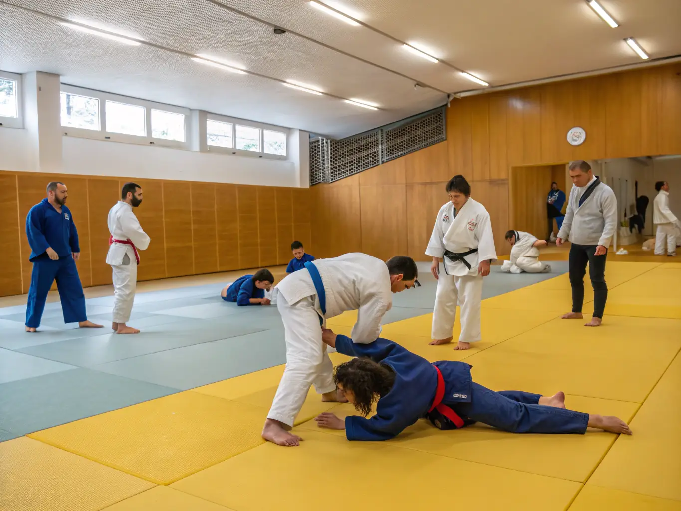 A focused image of adult judokas engaged in sparring during an advanced training session. The photo should highlight the intensity, skill, and strategic thinking involved in competitive judo.