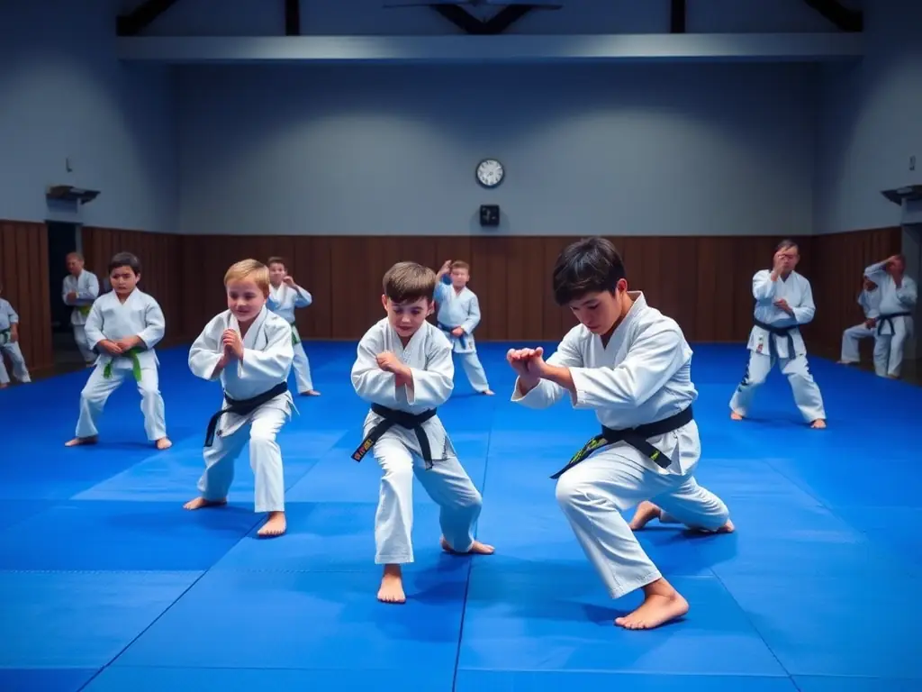 Teenagers and adults engaged in a sparring session at JUDO CLUB SIME, demonstrating the intermediate level training program.
