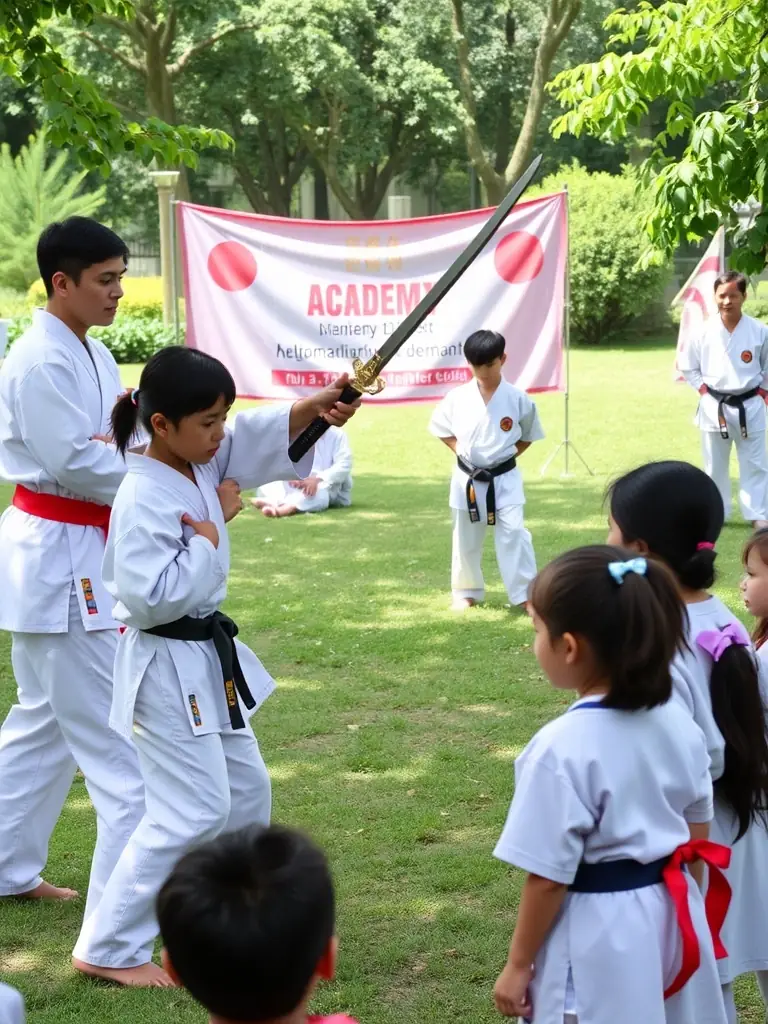 A photo of Judo Club SIME members participating in a community outreach event, teaching basic self-defense moves to local residents.