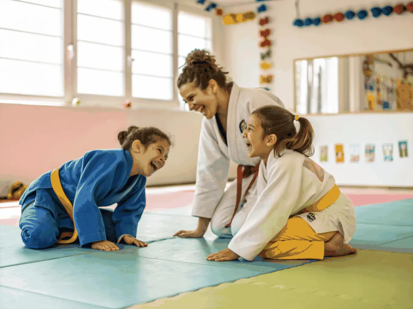 A dynamic shot of children participating in a judo class, demonstrating basic techniques under the guidance of an instructor. The image should convey energy, focus, and the fun of learning judo.