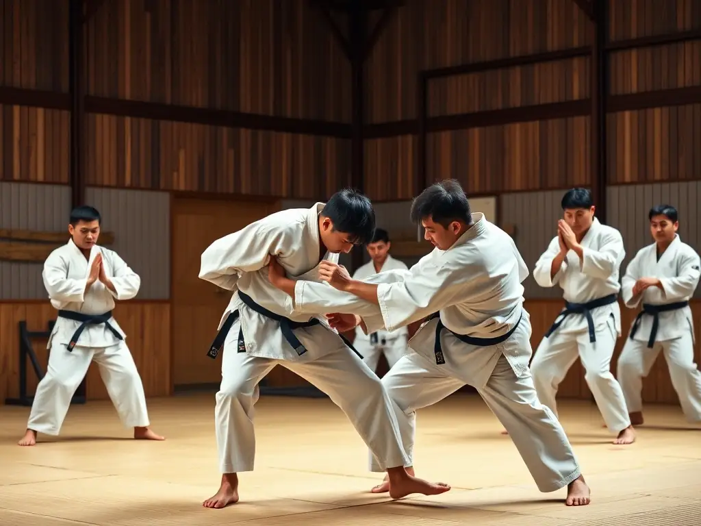 A diverse group of adults participating in a judo training session, highlighting the club's efforts to promote social cohesion and inclusivity.
