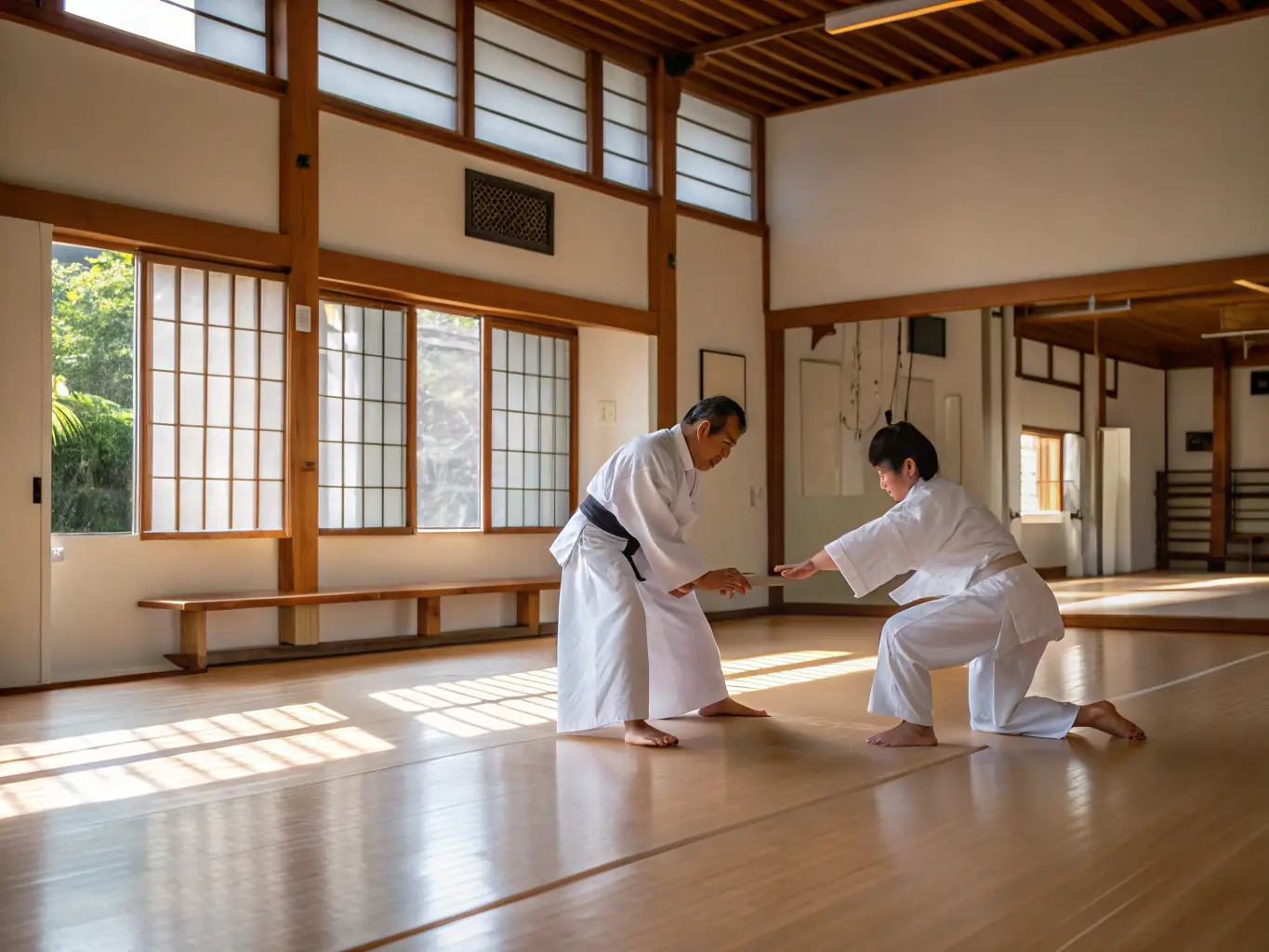 A serene image of participants practicing Judo Kata, showcasing the precision, grace, and historical significance of this traditional aspect of judo. The setting should be a dojo with traditional Japanese decor.