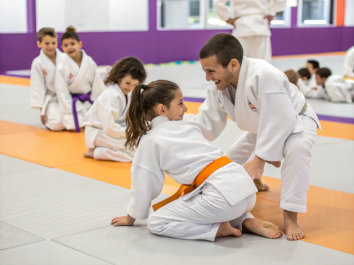 A group of young judo students practicing a throw under the guidance of an instructor, showcasing the club's commitment to youth development and physical activity.