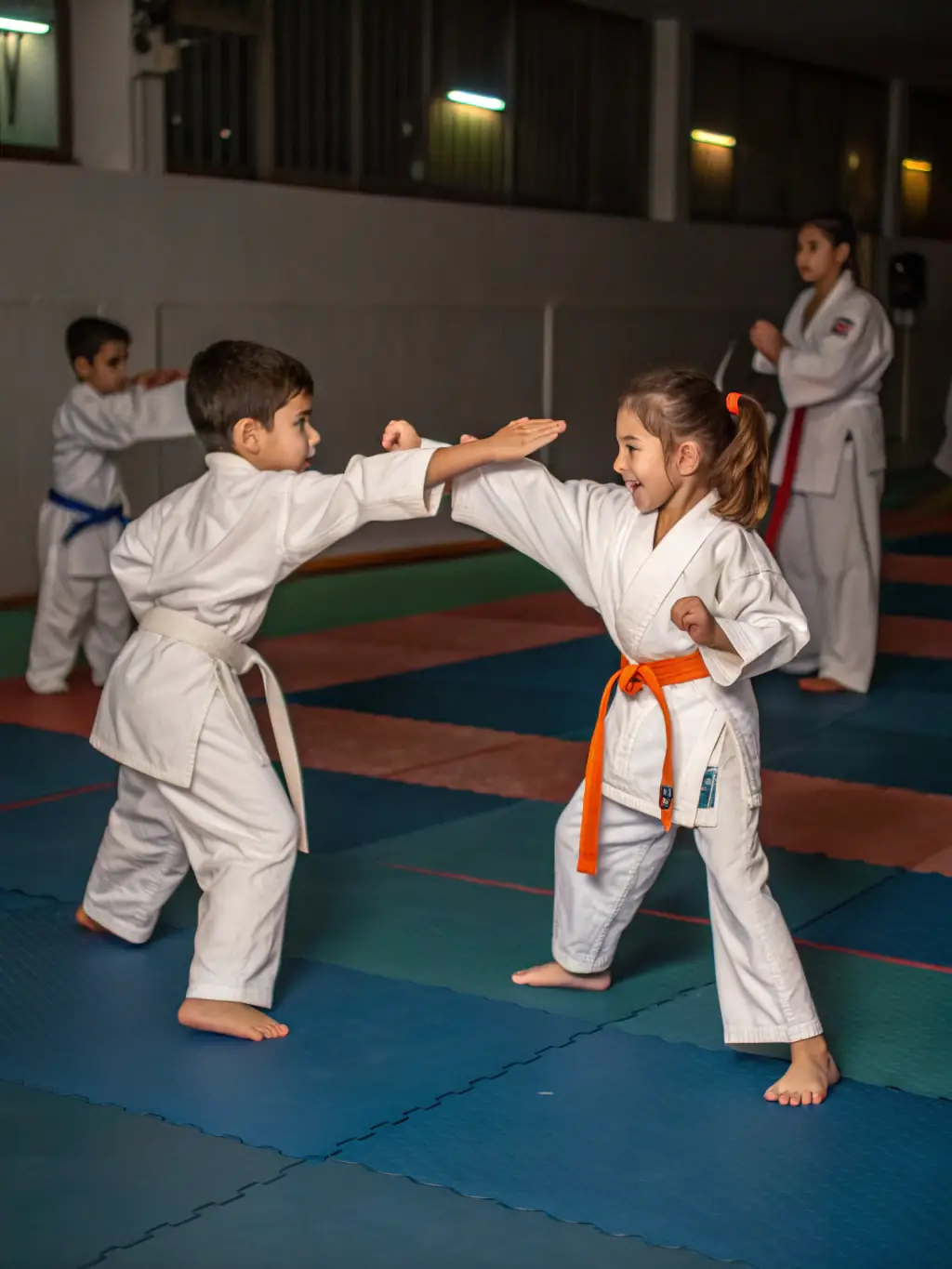 A group of children in judo uniforms practicing a basic stance under the guidance of an instructor at Judo Club SIME, showcasing the youth program.