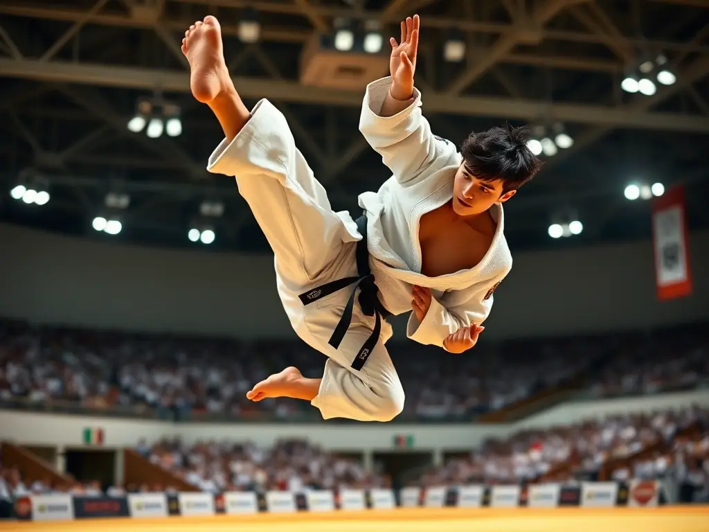 An experienced judo practitioner demonstrating a complex throw during an advanced training session at JUDO CLUB SIME, highlighting the advanced program.