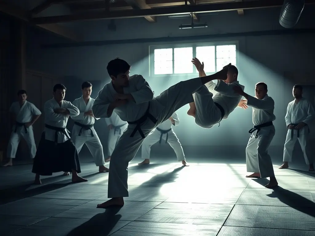 A dynamic action shot of Judo Club SIME members practicing a throw during a training session, showcasing the intensity and skill involved in judo.