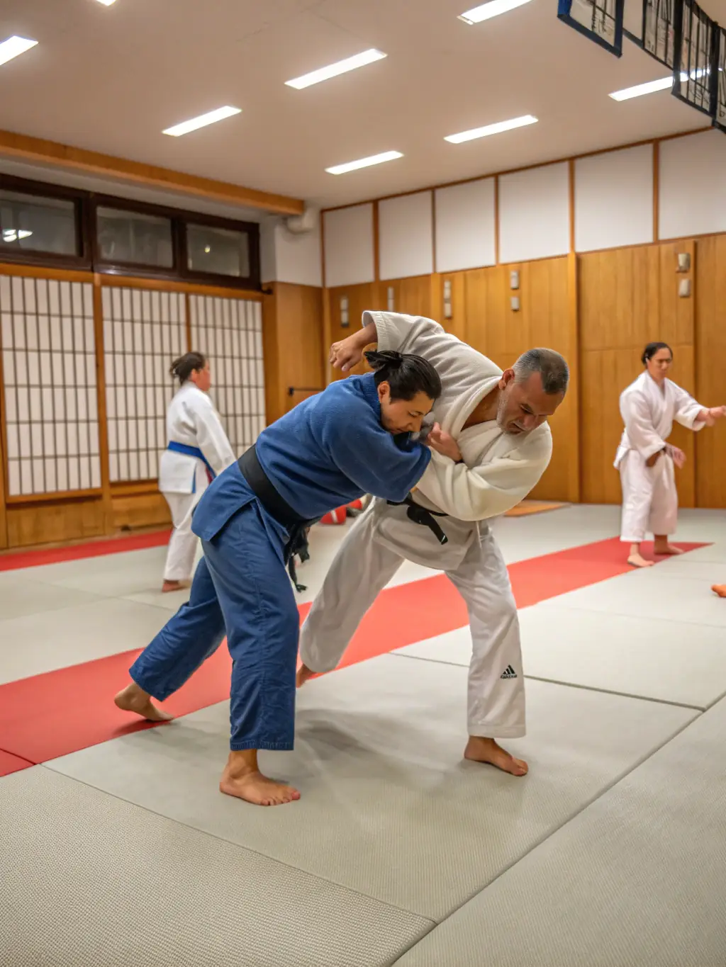 A dynamic photo of adult judo practitioners engaged in a sparring session at Judo Club SIME, demonstrating the intensity and skill involved.