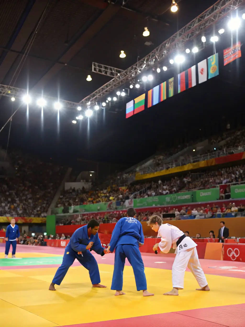 A diverse group of people participating in a community Judo event organized by Judo Club SIME, promoting inclusivity and fitness.